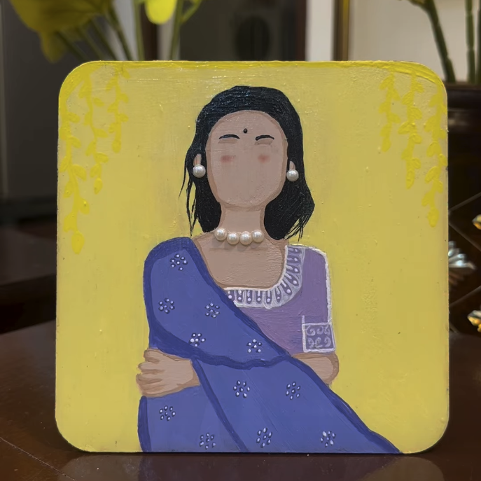 Lady in a Blue Saree — Hand-painted Coaster
