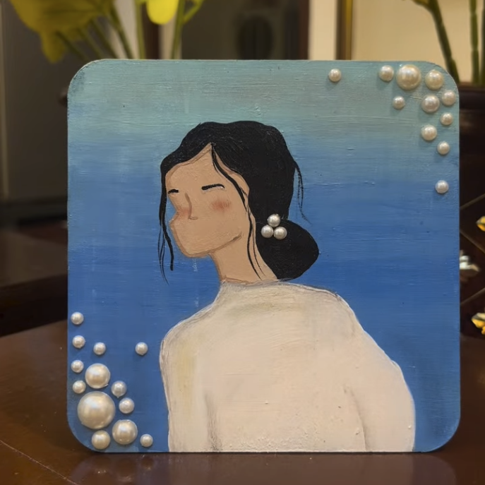 Serene Lady in White — Hand-painted Coaster